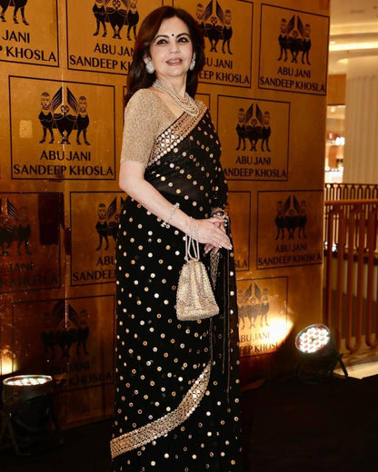 Black Pure Georgette Original Mirror & Embroidery Work Saree