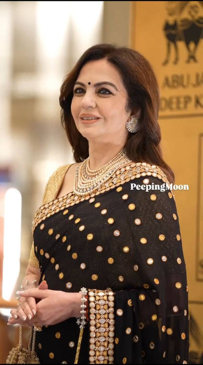 Black Pure Georgette Original Mirror & Embroidery Work Saree