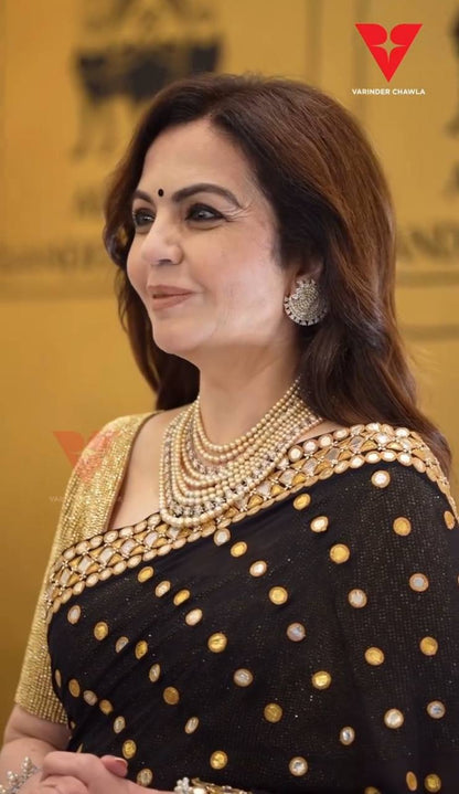 Black Pure Georgette Original Mirror & Embroidery Work Saree