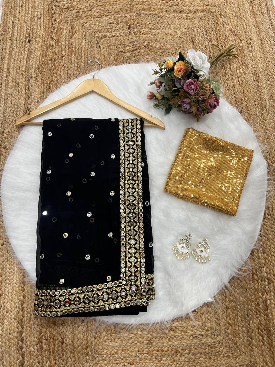 Black Pure Georgette Original Mirror & Embroidery Work Saree