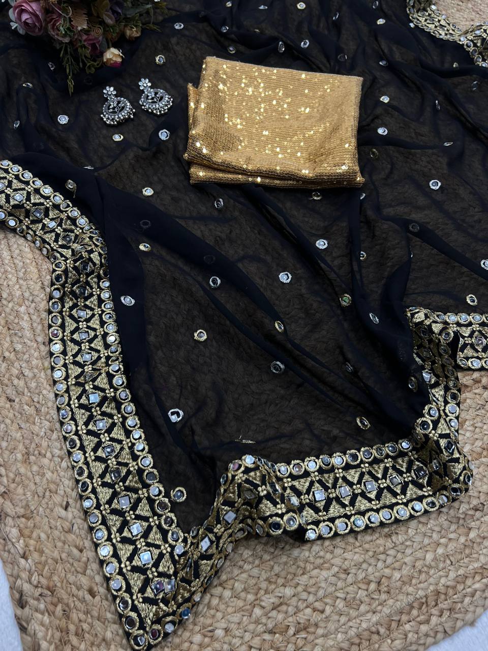 Black Pure Georgette Original Mirror & Embroidery Work Saree