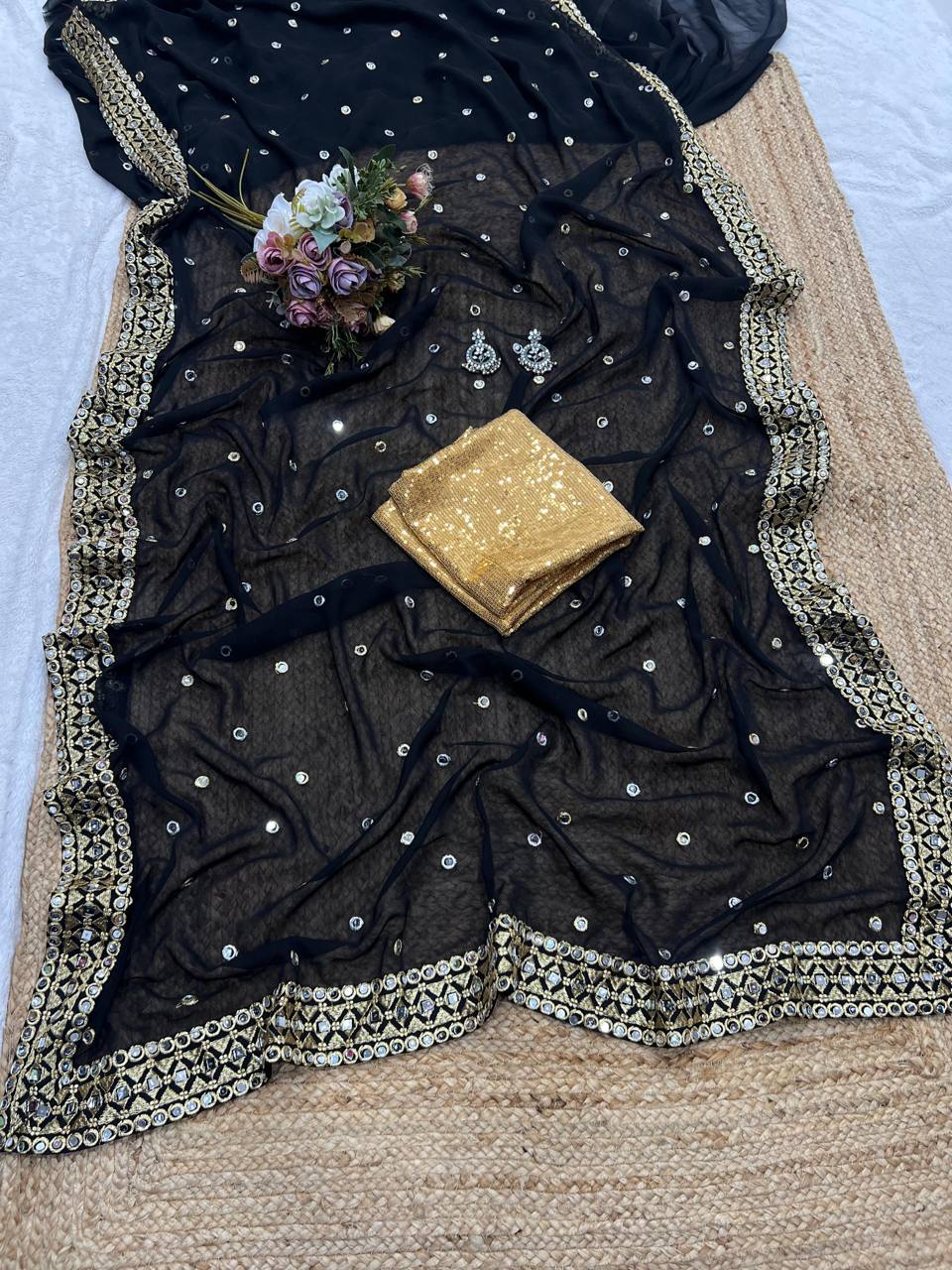 Black Pure Georgette Original Mirror & Embroidery Work Saree