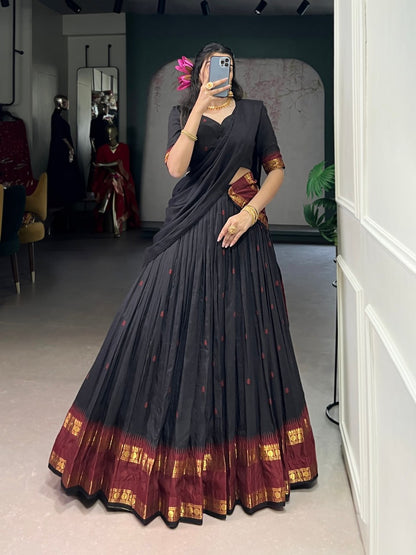 Black Pure Traditional Chanderi Zari Weaving Half Saree Lehenga Choli Set