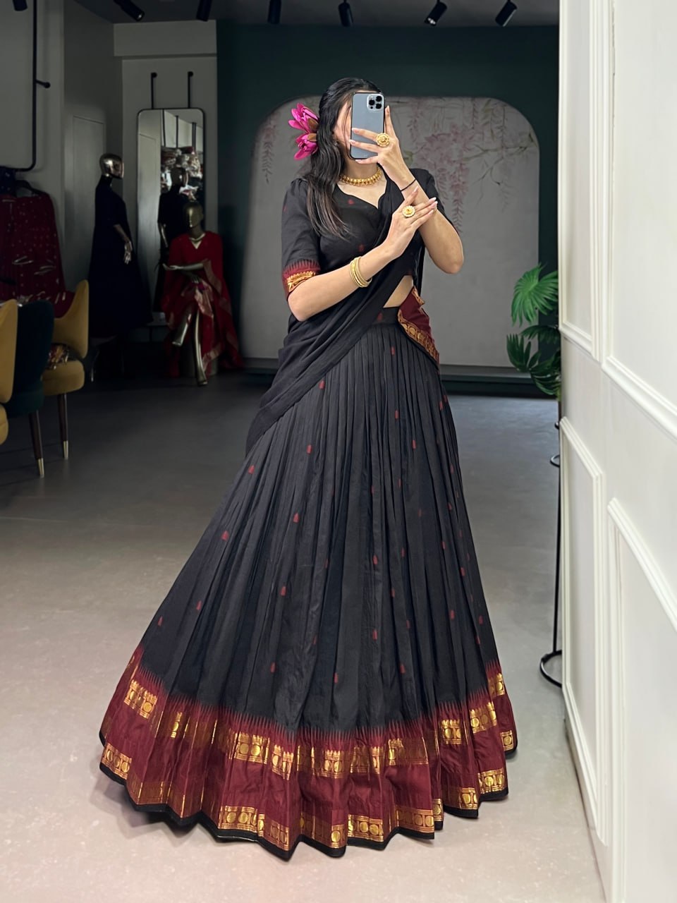 Black Pure Traditional Chanderi Zari Weaving Half Saree Lehenga Choli Set