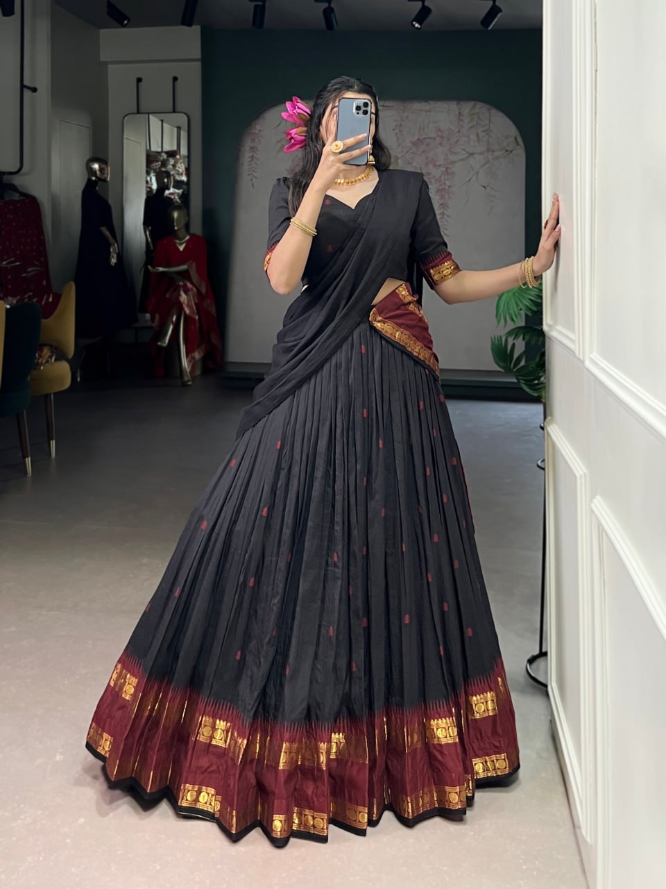 Black Pure Traditional Chanderi Zari Weaving Half Saree Lehenga Choli Set