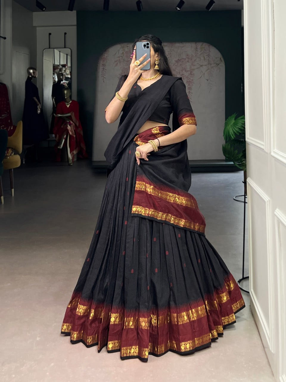 Black Pure Traditional Chanderi Zari Weaving Half Saree Lehenga Choli Set