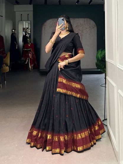 Black Pure Traditional Chanderi Zari Weaving Half Saree Lehenga Choli Set