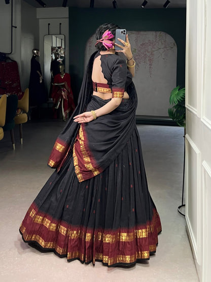 Black Pure Traditional Chanderi Zari Weaving Half Saree Lehenga Choli Set