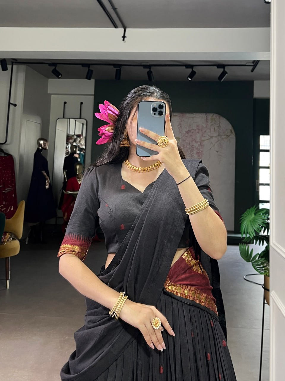 Black Pure Traditional Chanderi Zari Weaving Half Saree Lehenga Choli Set