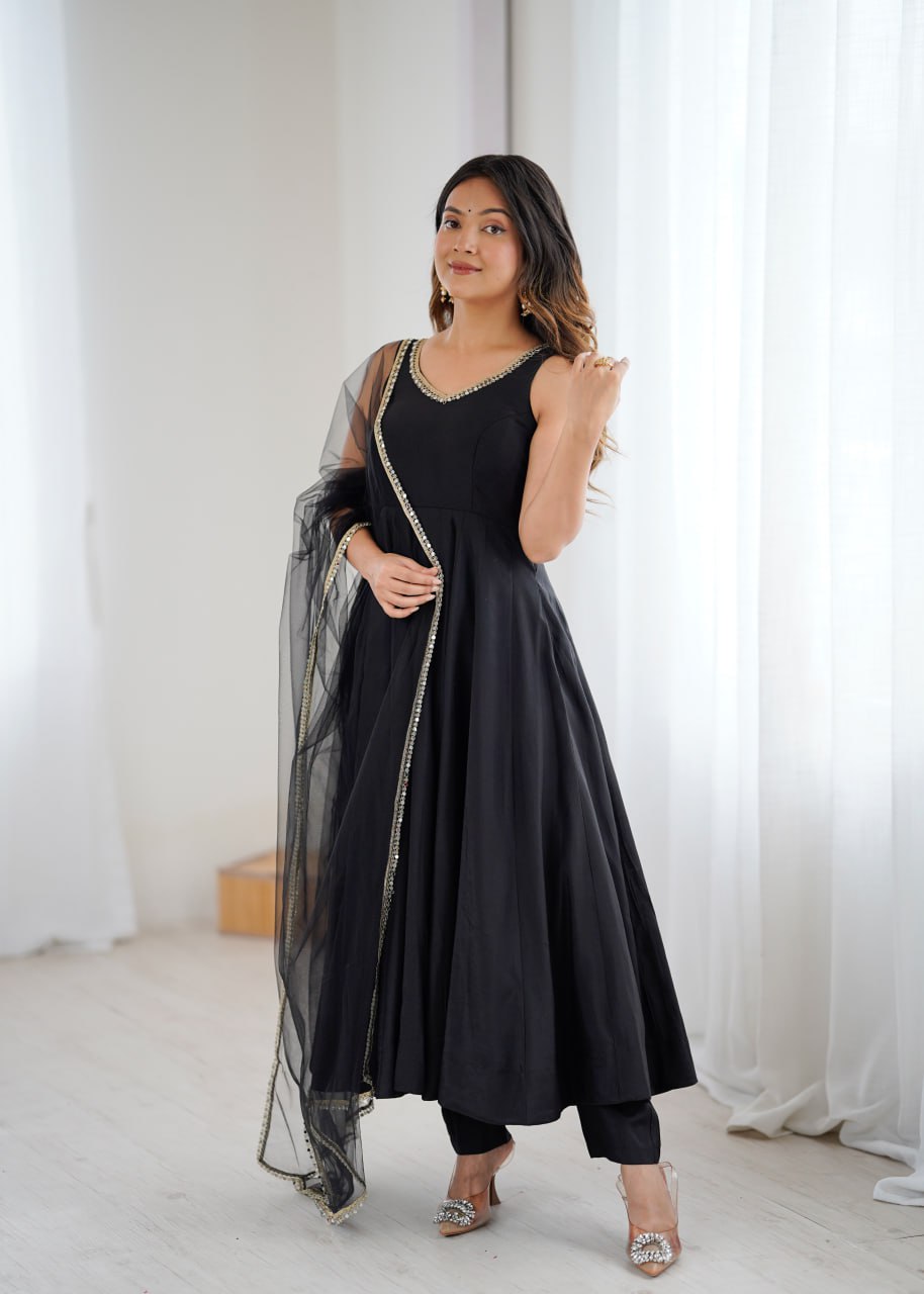 Black Roman Silk Chanderi Anarkali Suit with Mirror-Lace Net Dupatta