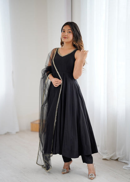 Black Roman Silk Chanderi Anarkali Suit with Mirror-Lace Net Dupatta
