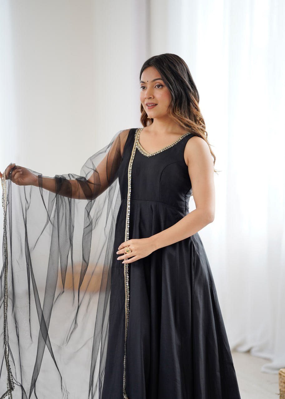 Black Roman Silk Chanderi Anarkali Suit with Mirror-Lace Net Dupatta