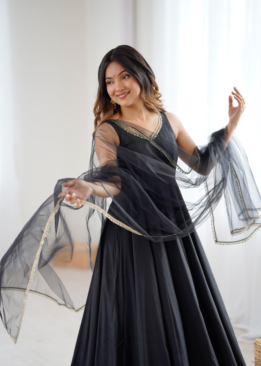 Black Roman Silk Chanderi Anarkali Suit with Mirror-Lace Net Dupatta