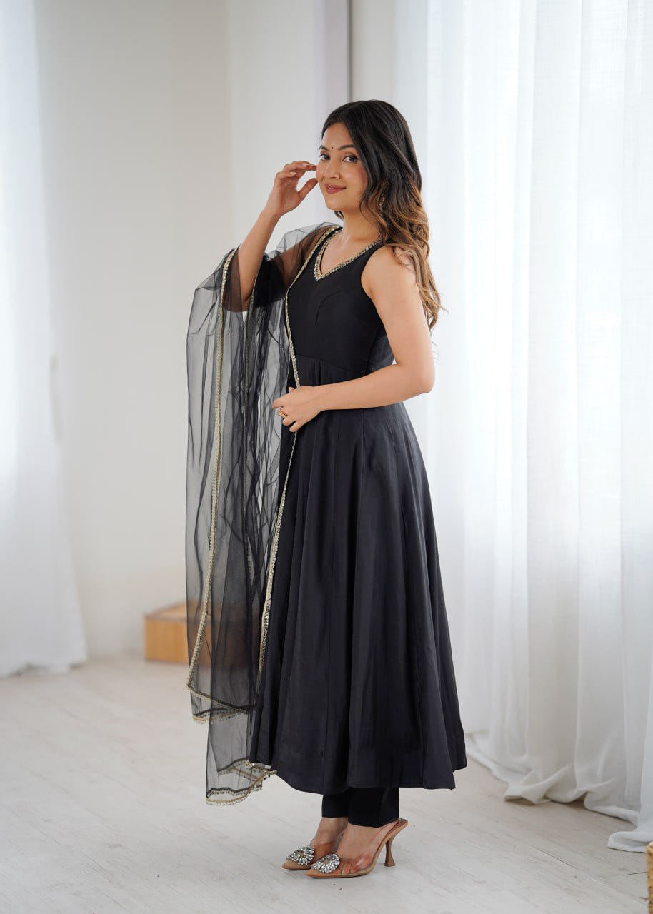 Black Roman Silk Chanderi Anarkali Suit with Mirror-Lace Net Dupatta