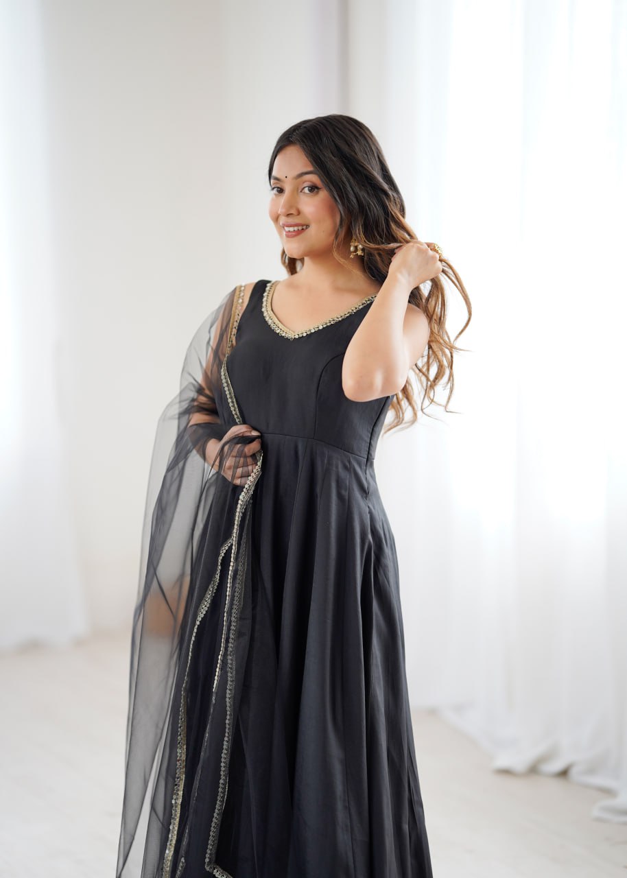 Black Roman Silk Chanderi Anarkali Suit with Mirror-Lace Net Dupatta