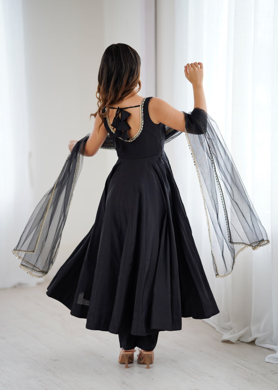 Black Roman Silk Chanderi Anarkali Suit with Mirror-Lace Net Dupatta