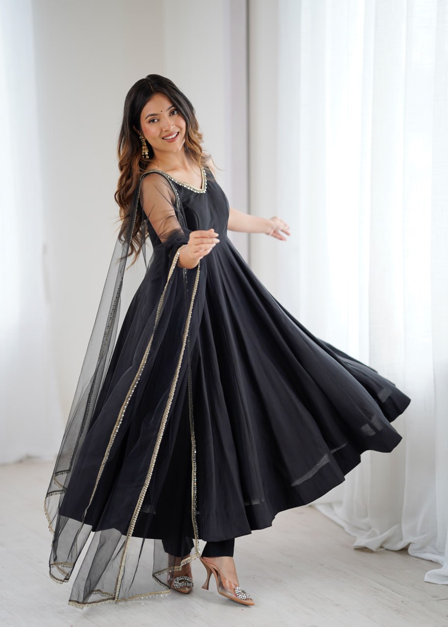 Black Roman Silk Chanderi Anarkali Suit with Mirror-Lace Net Dupatta
