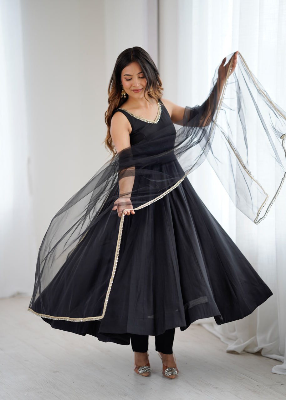 Black Roman Silk Chanderi Anarkali Suit with Mirror-Lace Net Dupatta