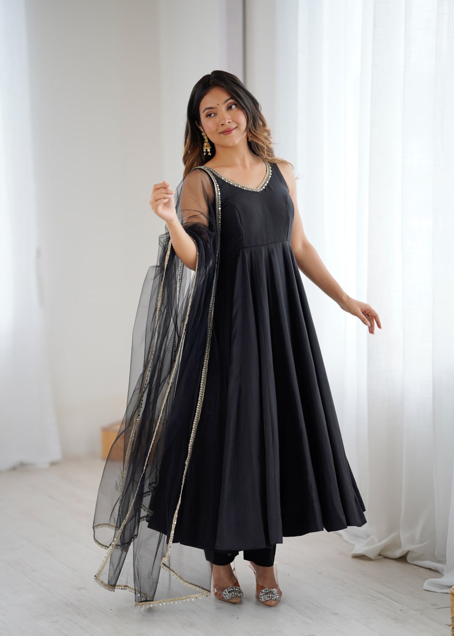 Black Roman Silk Chanderi Anarkali Suit with Mirror-Lace Net Dupatta