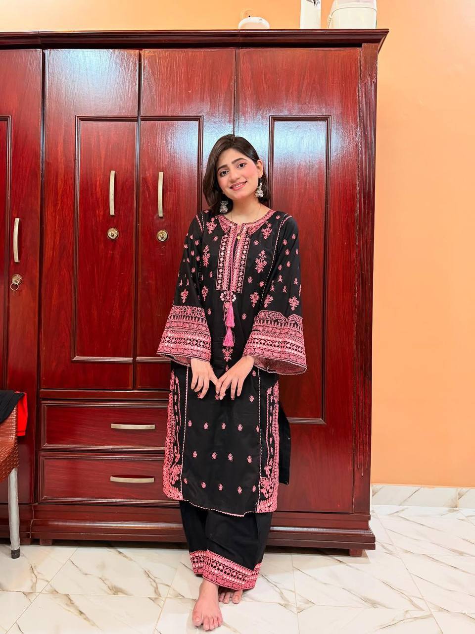 Black Roman Silk Pink Embroidery Real Mirror Work with Palazzo Suit Set