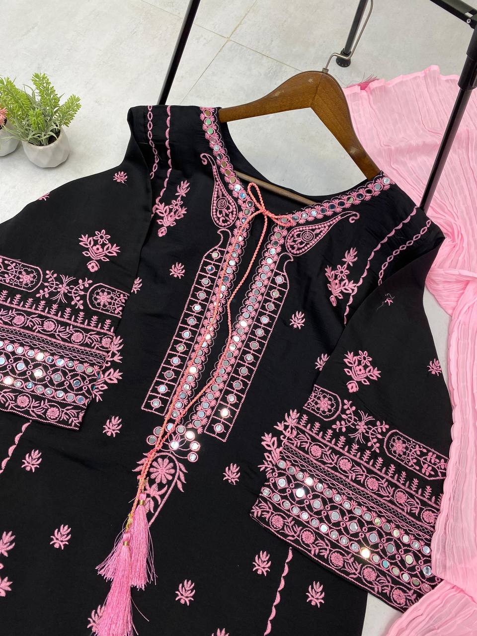 Black Roman Silk Pink Embroidery Real Mirror Work with Palazzo Suit Set