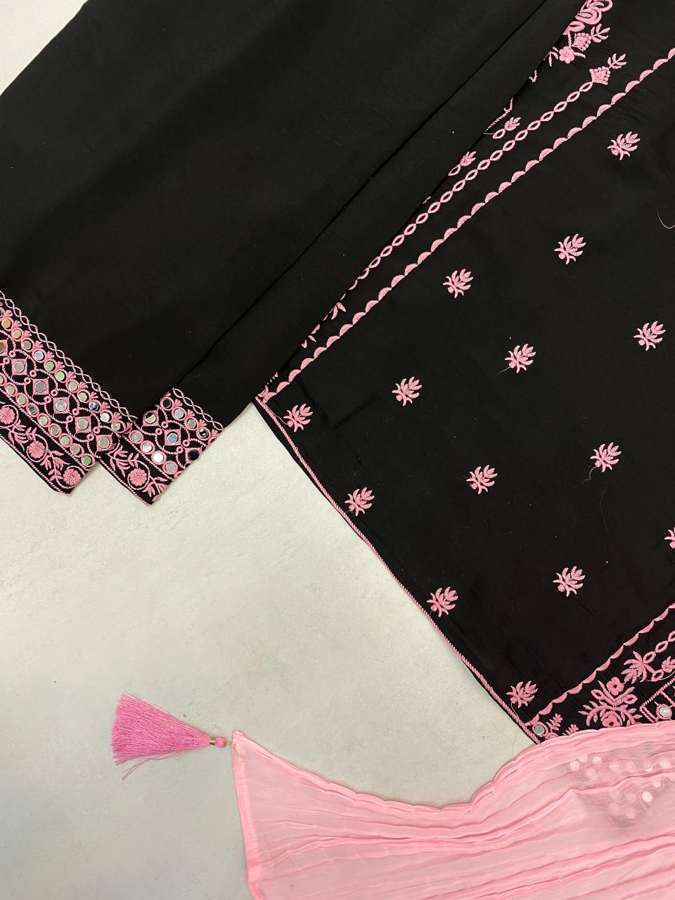 Black Roman Silk Pink Embroidery Real Mirror Work with Palazzo Suit Set
