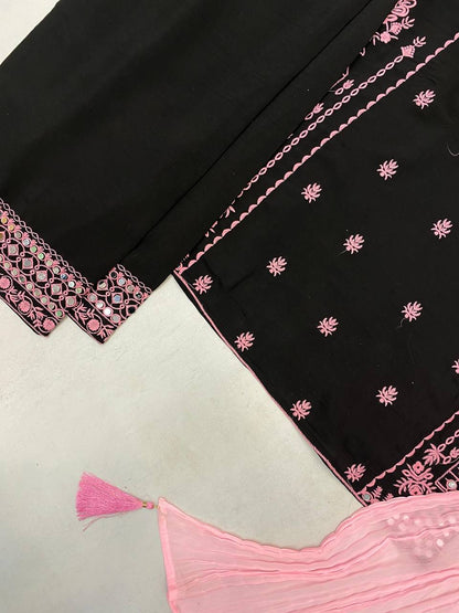 Black Roman Silk Pink Embroidery Real Mirror Work with Palazzo Suit Set