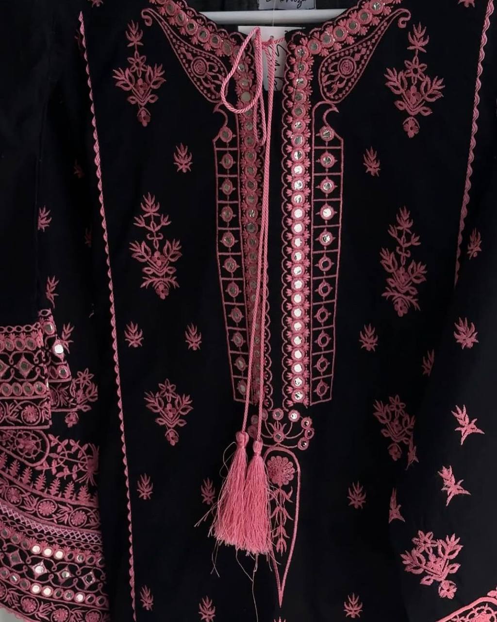 Black Roman Silk Pink Embroidery Real Mirror Work with Palazzo Suit Set
