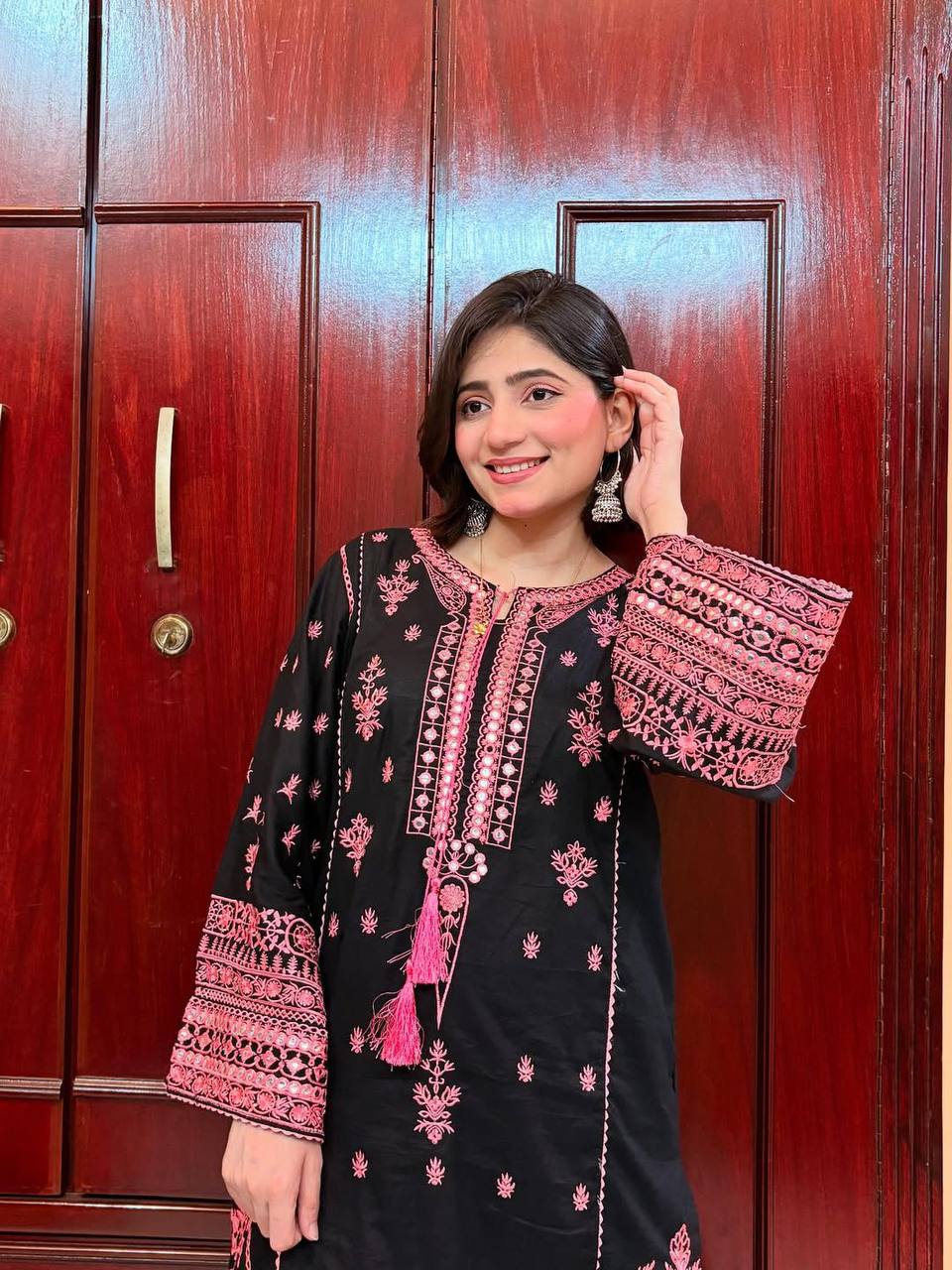 Black Roman Silk Pink Embroidery Real Mirror Work with Palazzo Suit Set