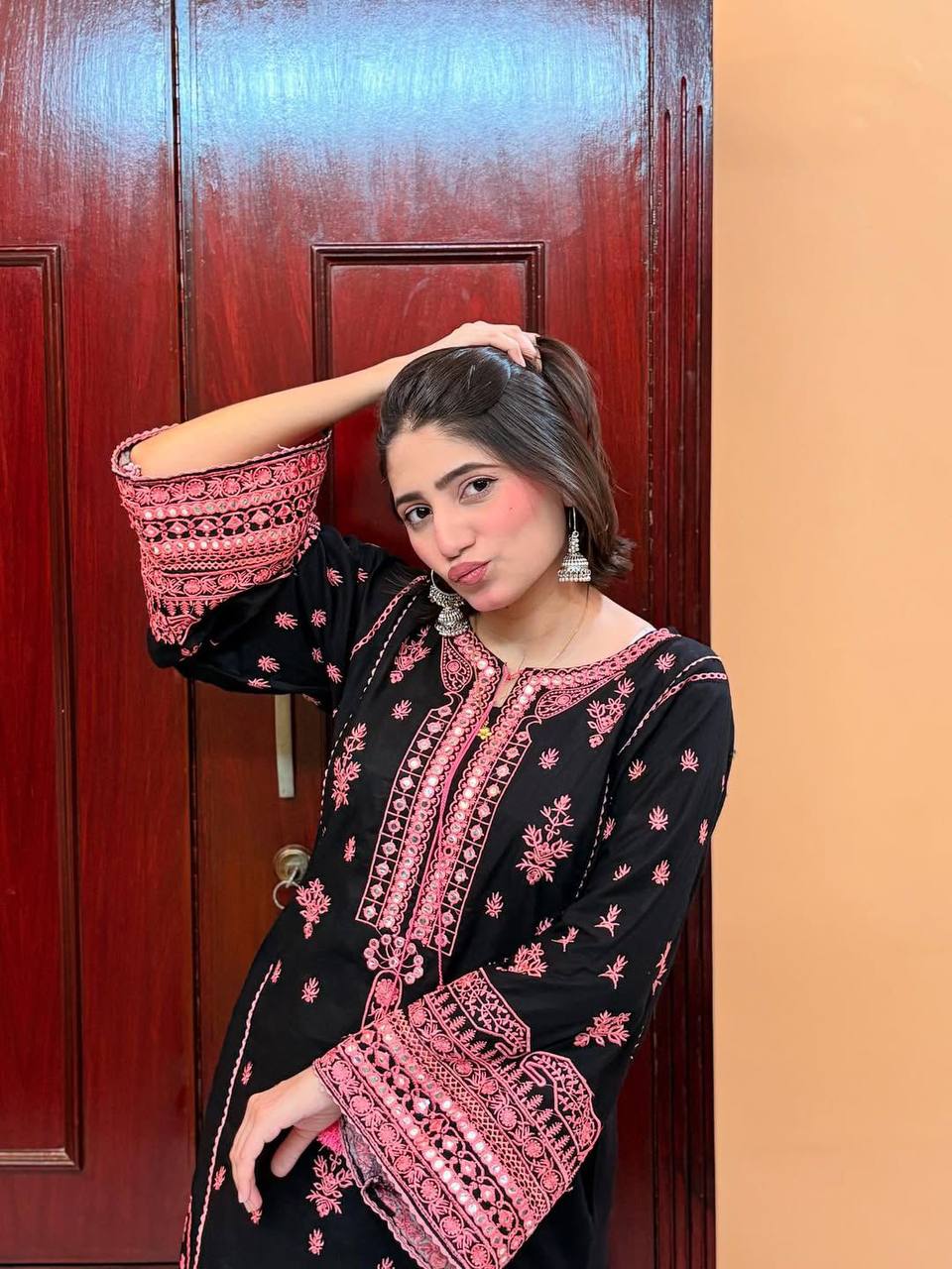 Black Roman Silk Pink Embroidery Real Mirror Work with Palazzo Suit Set