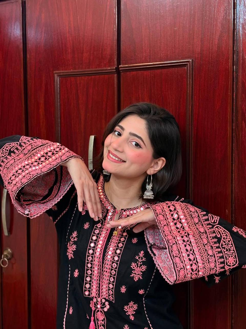 Black Roman Silk Pink Embroidery Real Mirror Work with Palazzo Suit Set