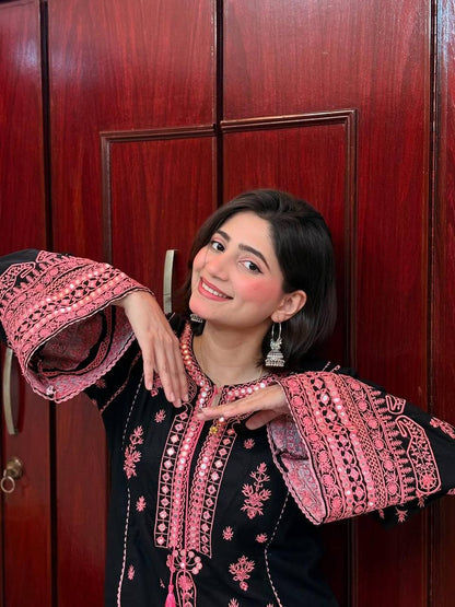 Black Roman Silk Pink Embroidery Real Mirror Work with Palazzo Suit Set