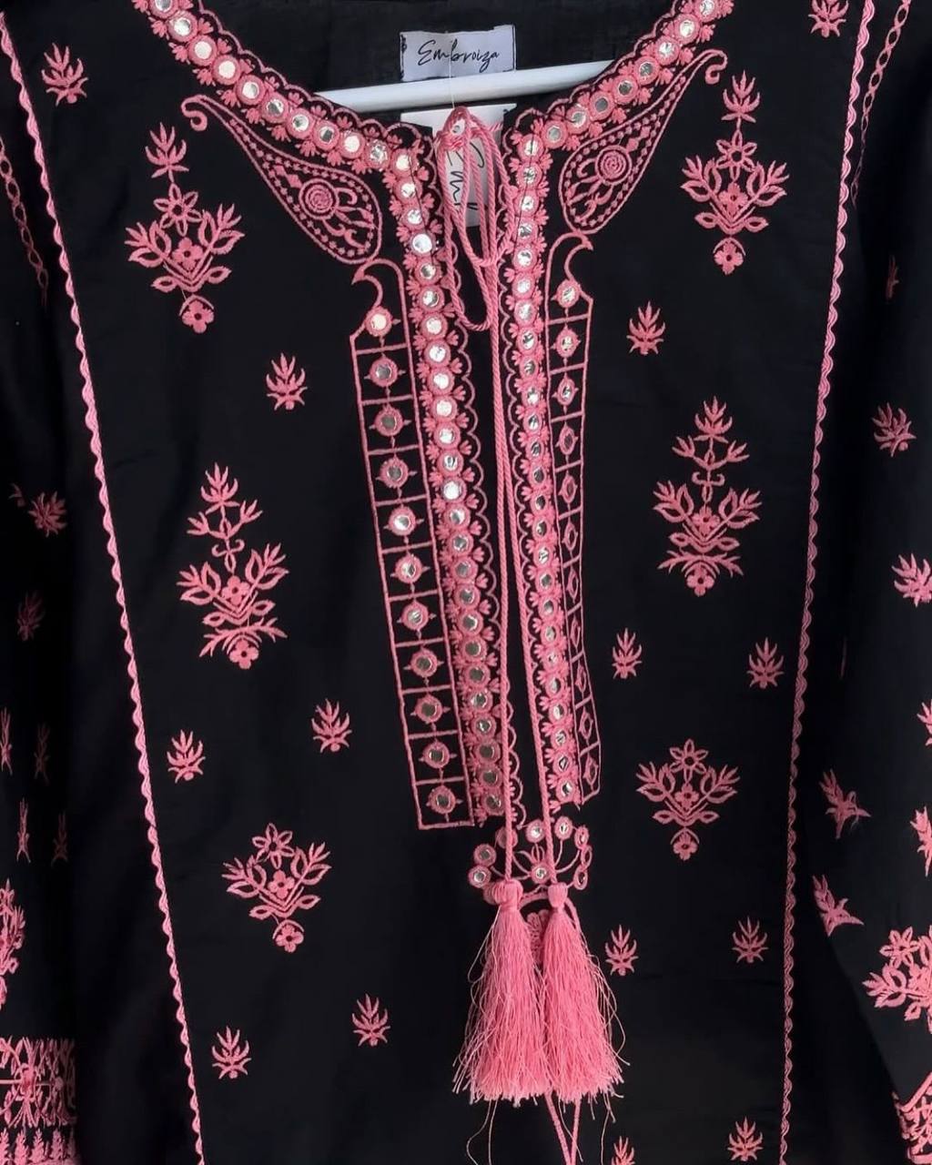 Black Roman Silk Pink Embroidery Real Mirror Work with Palazzo Suit Set