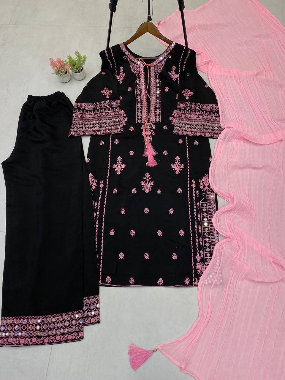 Black Roman Silk Pink Embroidery Real Mirror Work with Palazzo Suit Set