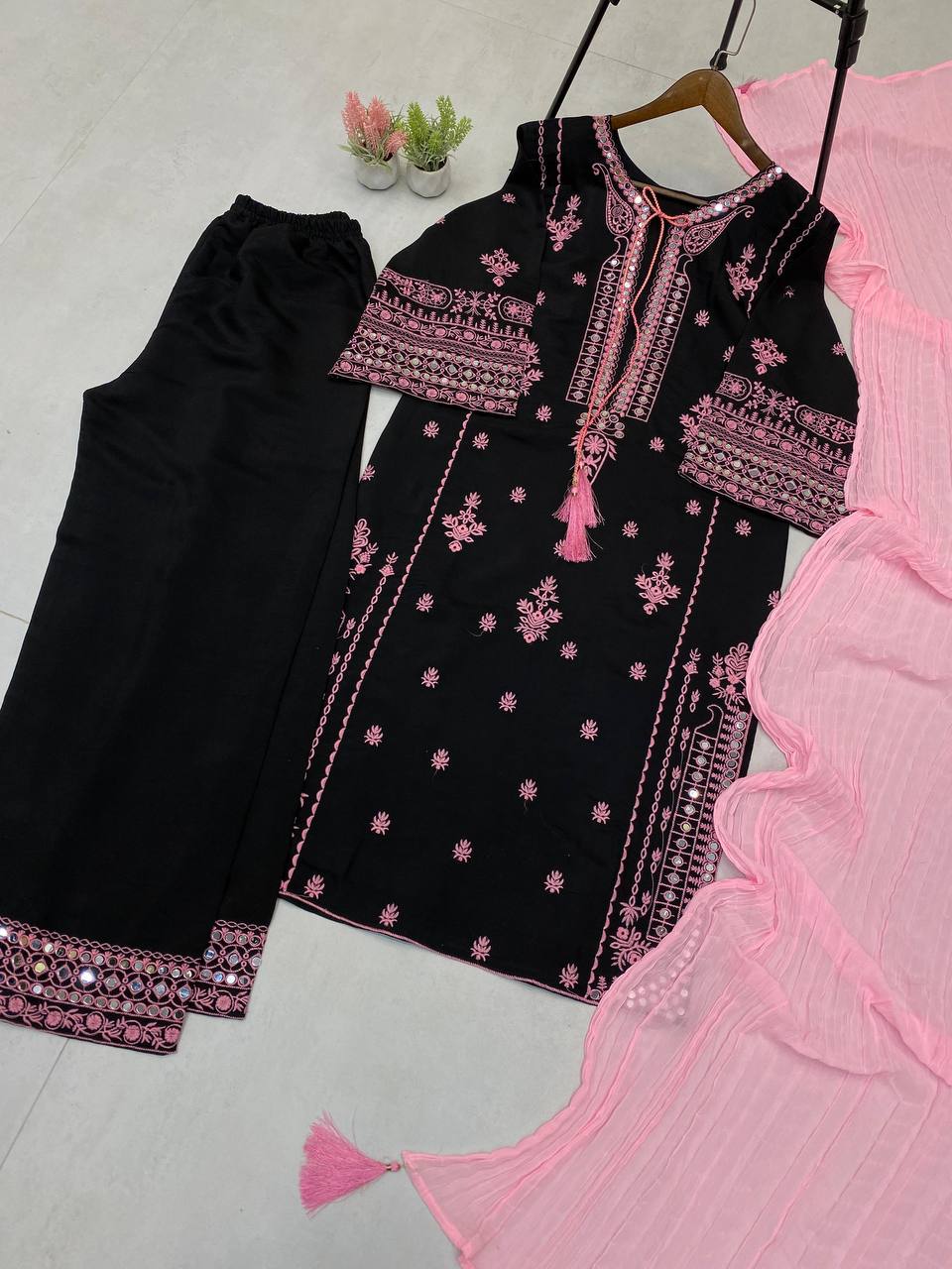 Black Roman Silk Pink Embroidery Real Mirror Work with Palazzo Suit Set