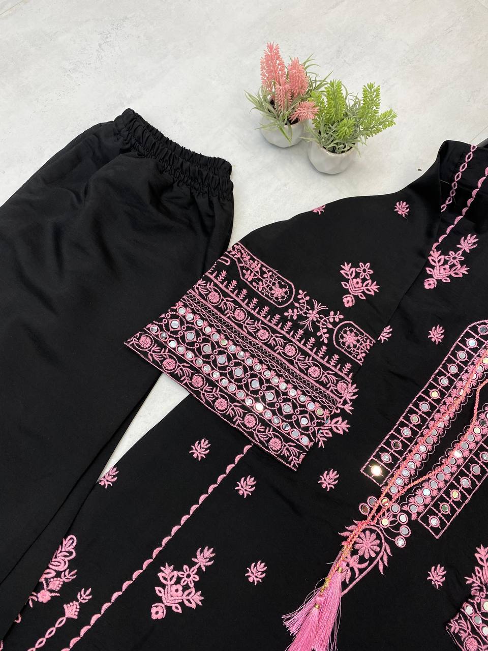 Black Roman Silk Pink Embroidery Real Mirror Work with Palazzo Suit Set