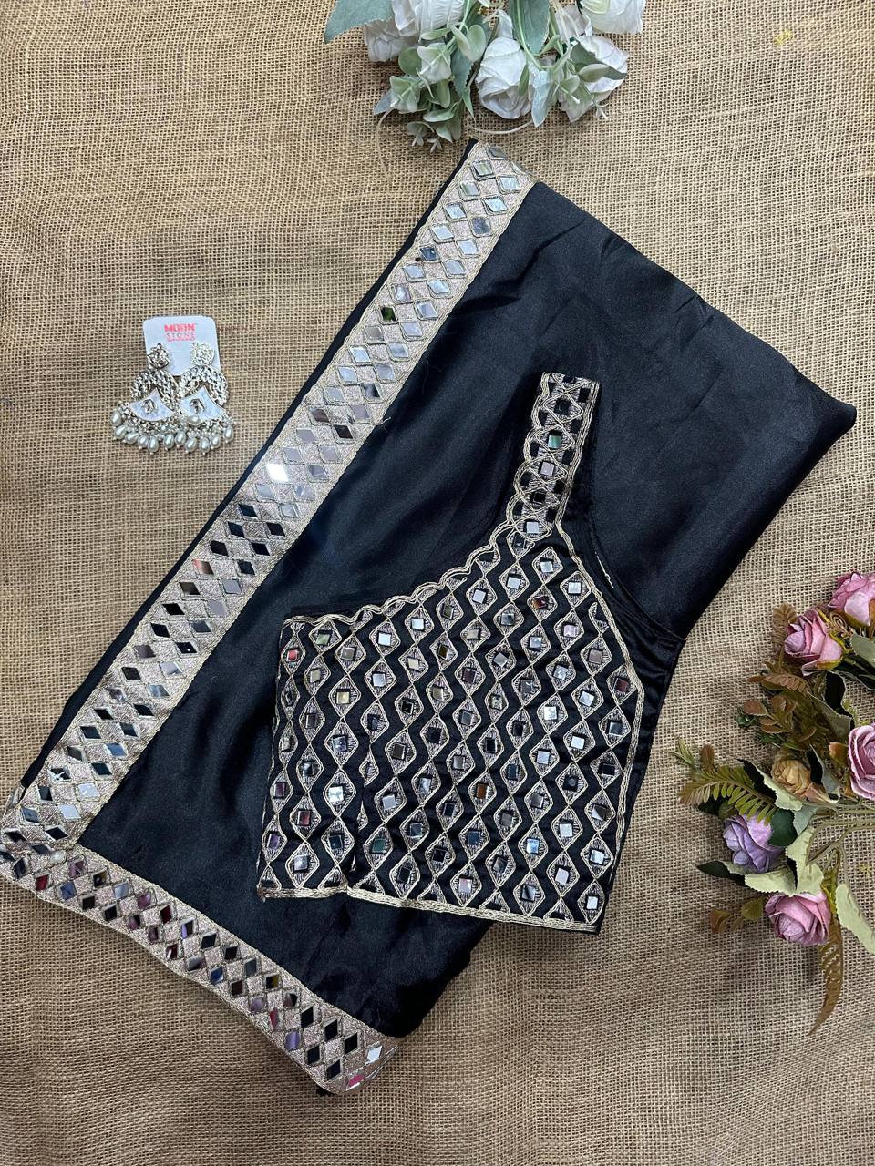 Black Satin Silk Saree With A Mirror And Embroidery Work Blouse