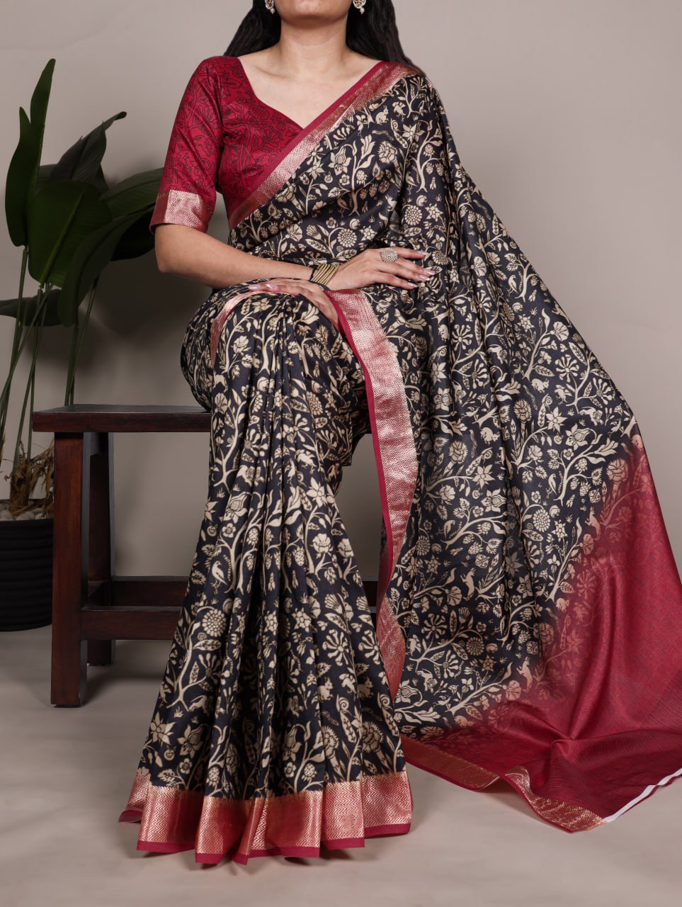 Black Tasar Silk Printed Saree with Shimmering Viscose Red Border