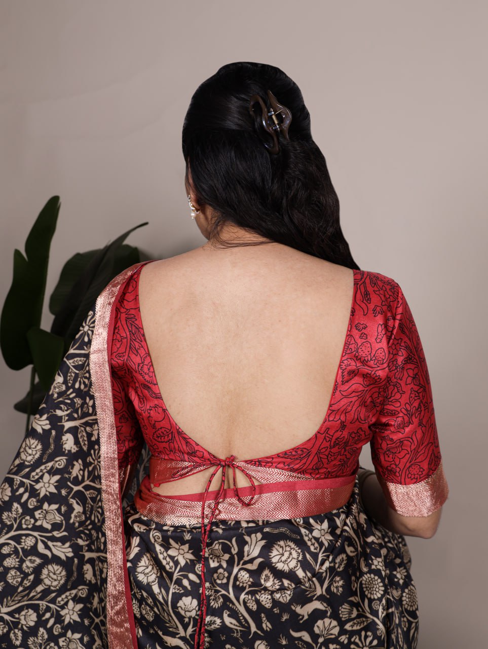 Black Tasar Silk Printed Saree with Shimmering Viscose Red Border