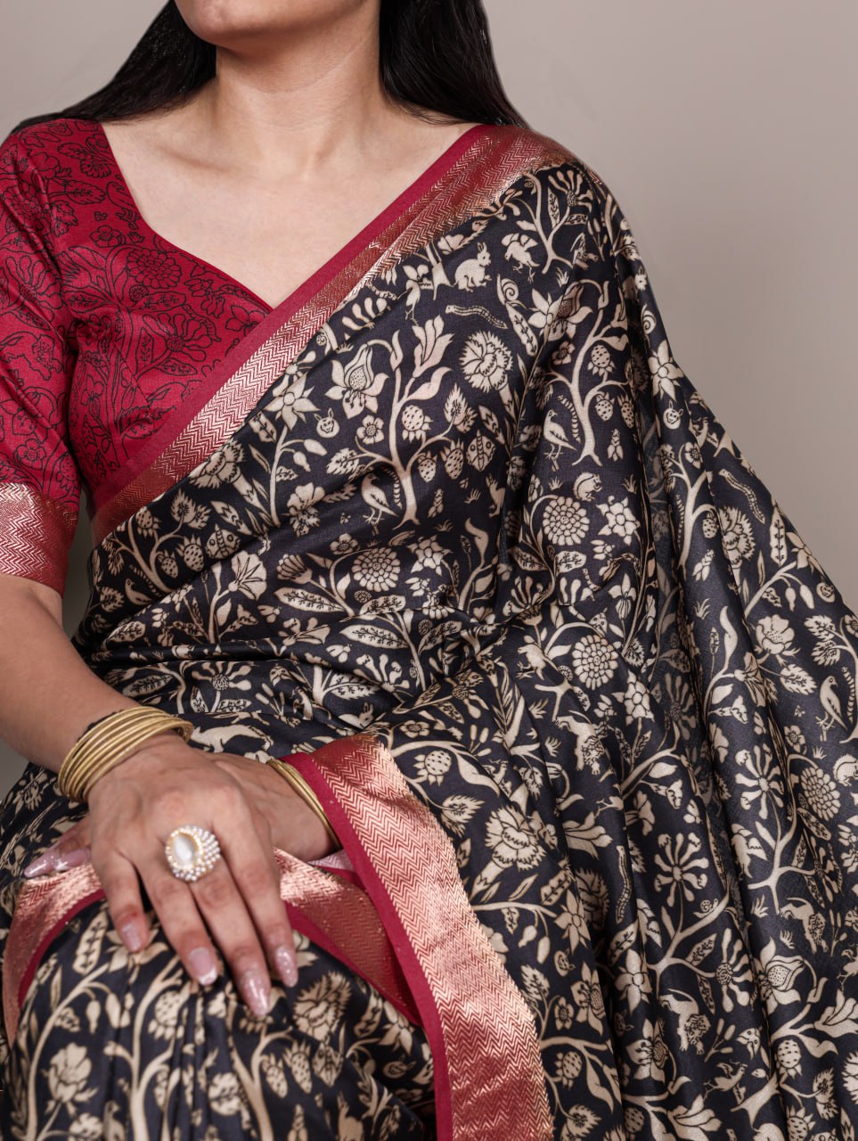 Black Tasar Silk Printed Saree with Shimmering Viscose Red Border