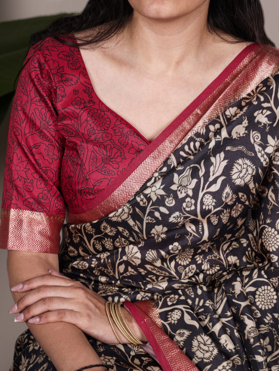 Black Tasar Silk Printed Saree with Shimmering Viscose Red Border