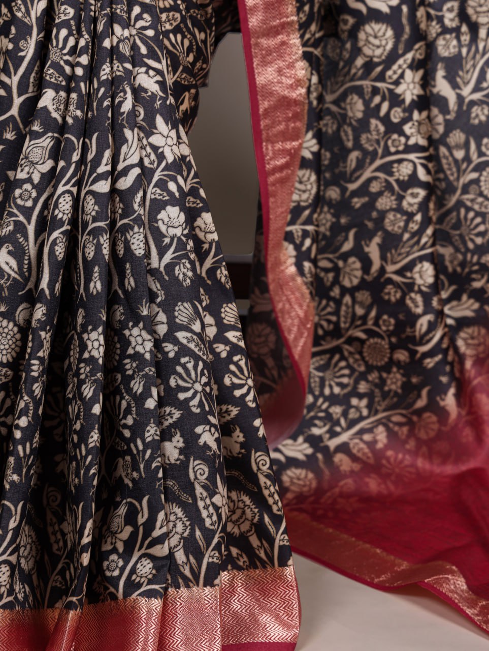 Black Tasar Silk Printed Saree with Shimmering Viscose Red Border