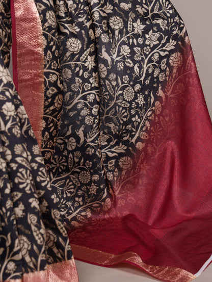 Black Tasar Silk Printed Saree with Shimmering Viscose Red Border