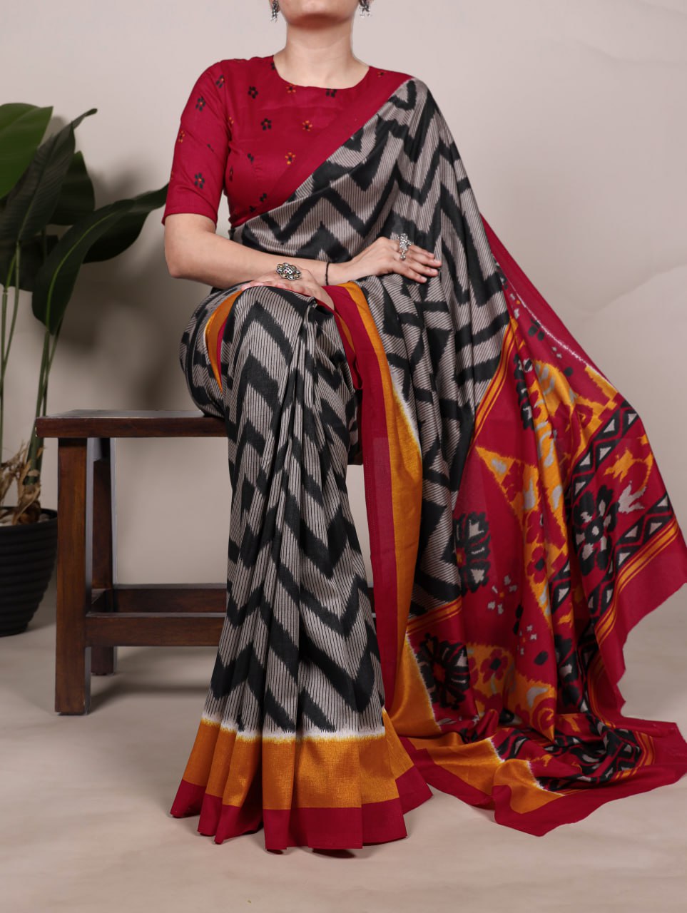 Black Tasar Silk Zigzag Printed Saree with Red Blouse