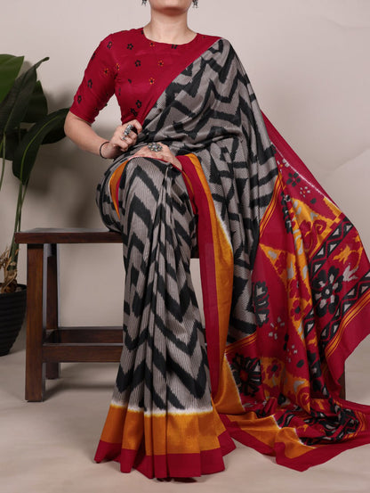 Black Tasar Silk Zigzag Printed Saree with Red Blouse
