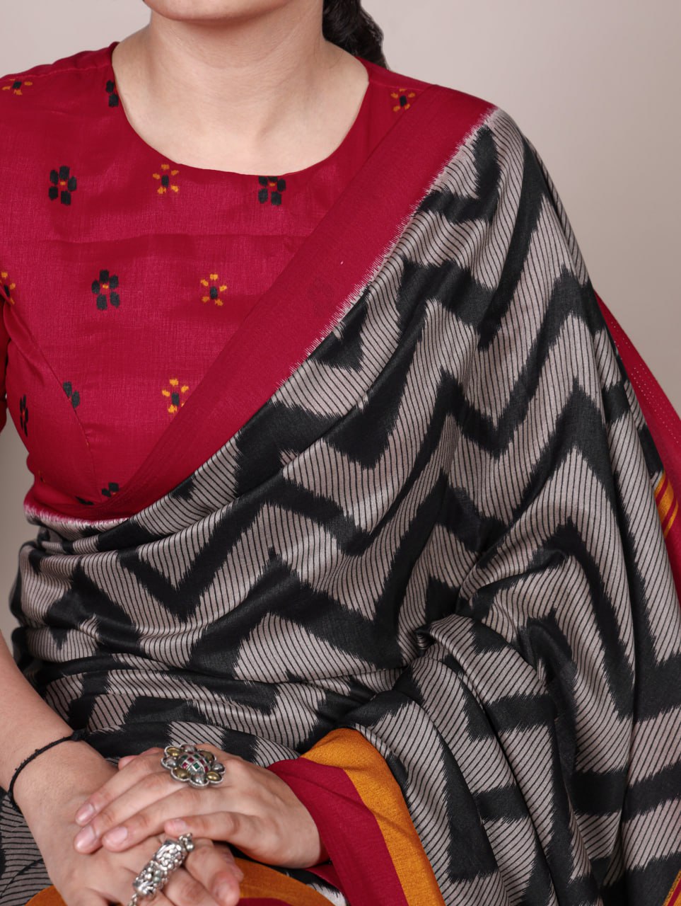 Black Tasar Silk Zigzag Printed Saree with Red Blouse