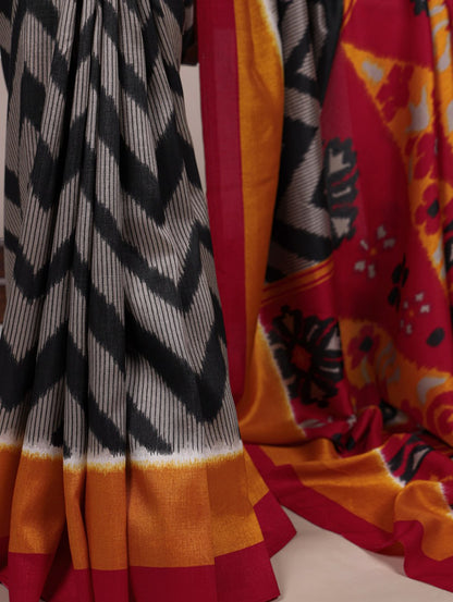 Black Tasar Silk Zigzag Printed Saree with Red Blouse