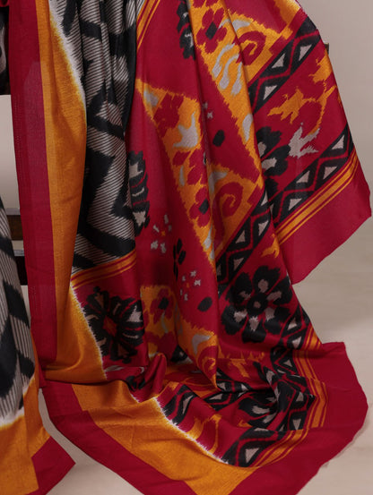 Black Tasar Silk Zigzag Printed Saree with Red Blouse