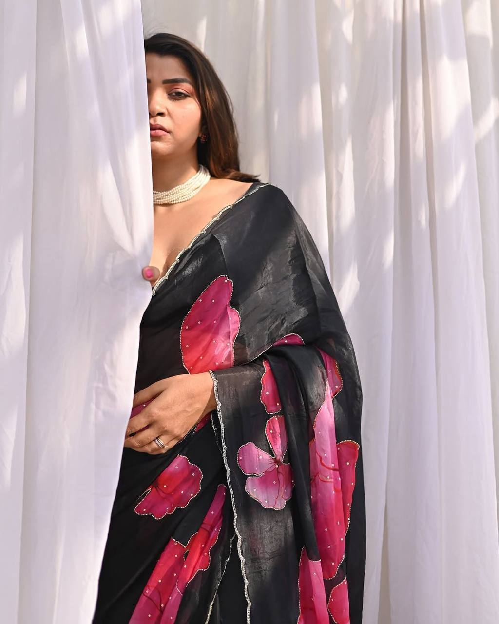 Black Tebi Silk Digital Printed Saree with Handwork Satin Silk Blouse