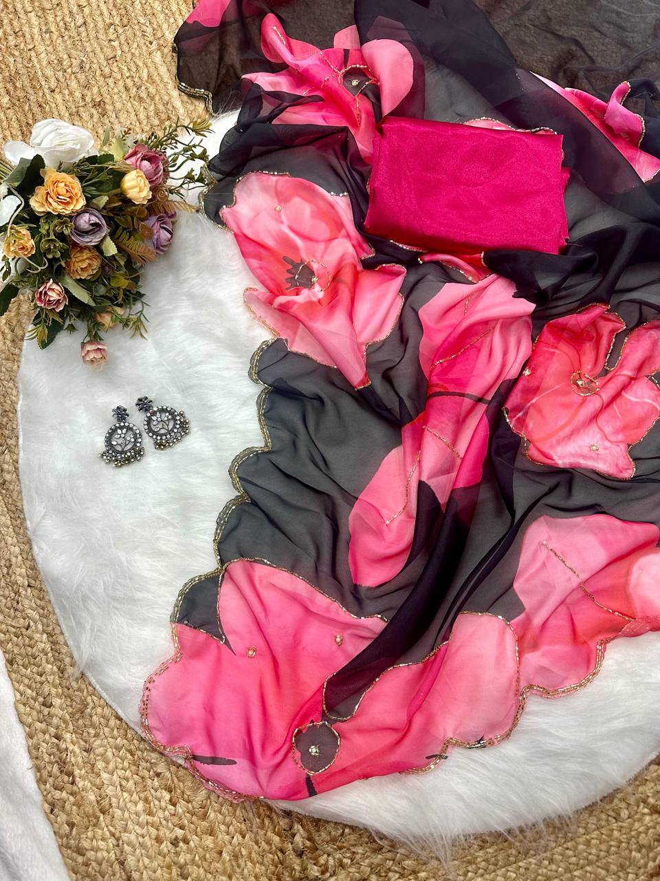 Black Tebi Silk Digital Printed Saree with Handwork Satin Silk Blouse